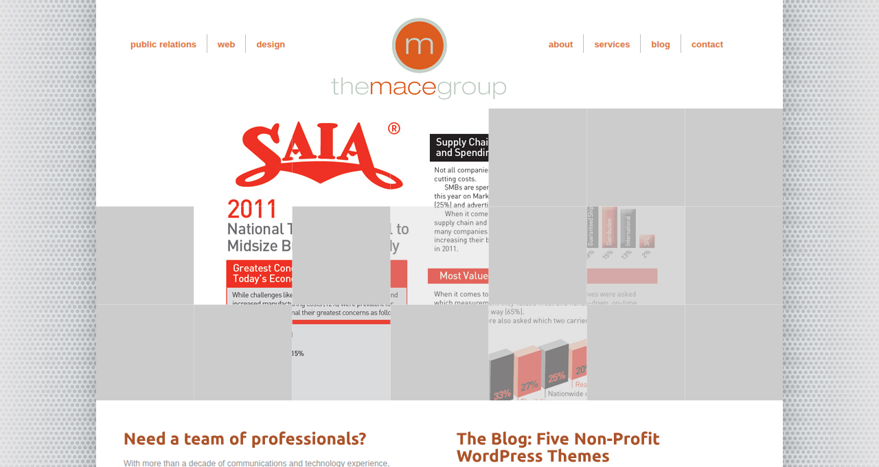 The Mace Group LLC firm website, January 2012 archive snapshot, showing the public-relations / web / design service navigation and a SAIA case-study hero.