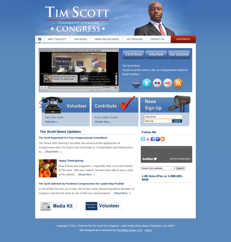 Tim Scott for Congress campaign website, January 2011 archive snapshot, showing the WordPress build delivered through The Mace Group LLC.