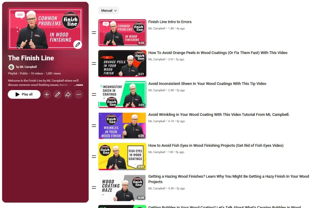 The Finish Line YouTube playlist on the ML Campbell channel showing 10 branded episodes with red and black text-overlay thumbnails, episode badges, and Christopher hosting in the ML Campbell jacket