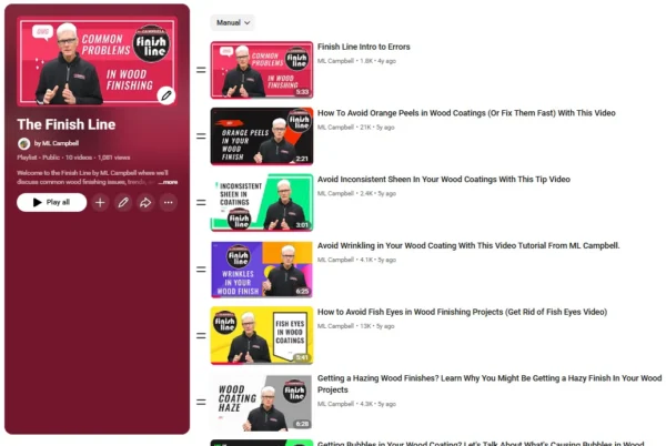 The Finish Line YouTube playlist on the ML Campbell channel showing 10 branded episodes with red and black text-overlay thumbnails, episode badges, and Christopher hosting in the ML Campbell jacket