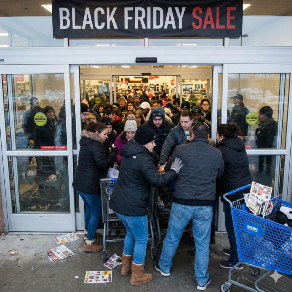 Customers stampeding a retail store door during black Friday sales