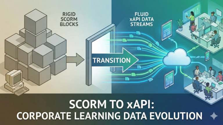 A conceptual diagram showing the transition from rigid SCORM blocks to fluid xAPI data streams in a corporate environment.