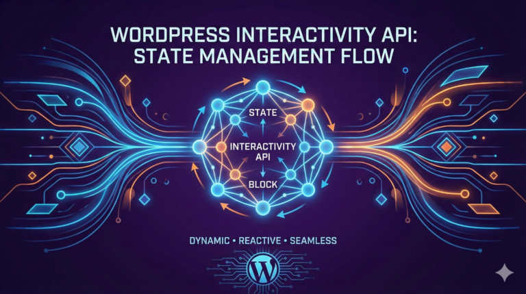 Abstract conceptual diagram of WordPress Interactivity API state management flow as applies to the Gutenberg Blocks.