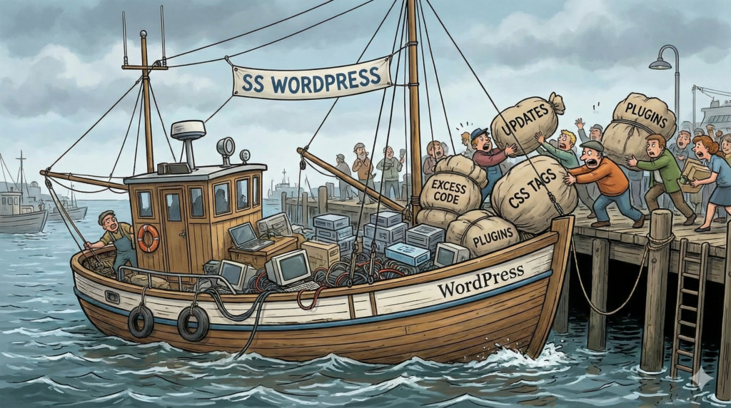 WordPress depicted as a boat getting overloaded, leading to critical rendering performance issues.