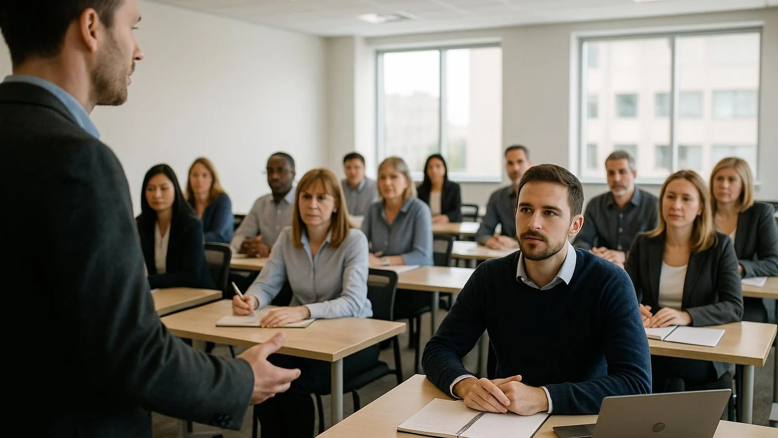 Diverse adult learners in a professional classroom training environment