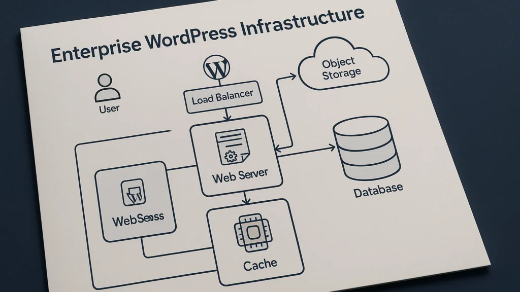 Four-layer WordPress infrastructure stack diagram — edge, application, data, and observability — illustrating enterprise architecture for high-availability deployments