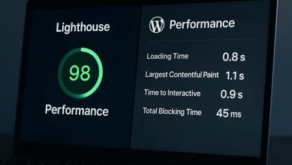 WordPress Lighthouse performance scores — PageSpeed Insights dashboard showing green metrics