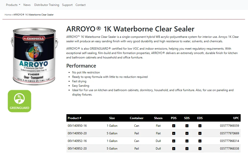 Arroyo 1K Waterborne Clear Sealer product page showing can image, GREENGUARD badge, performance bullets, and a PDS/SDS/EDS download table.