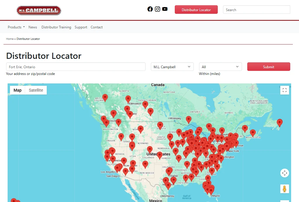 M.L. Campbell distributor locator page with map and search by postal code.