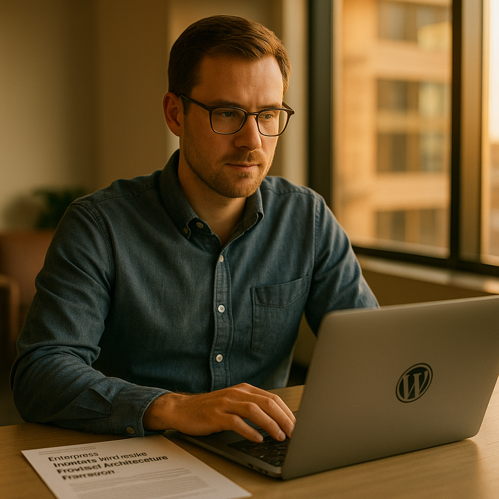 Photorealistic featured image for Enterprise WordPress Infrastructure: Practical Architecture Framework (blog article)