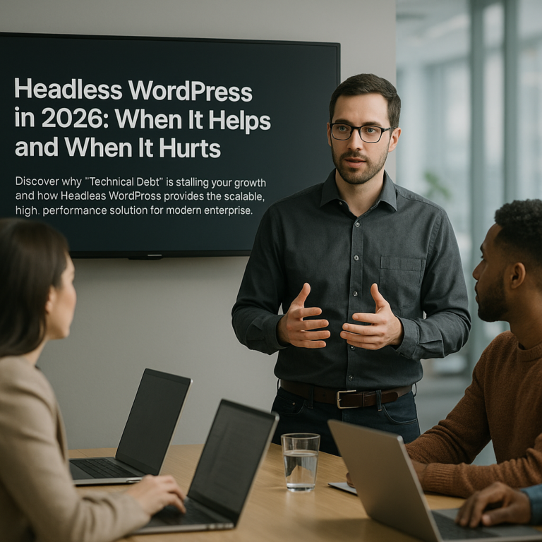 Photorealistic featured image for Headless WordPress in 2026: When It Helps and When It Hurts (blog article)