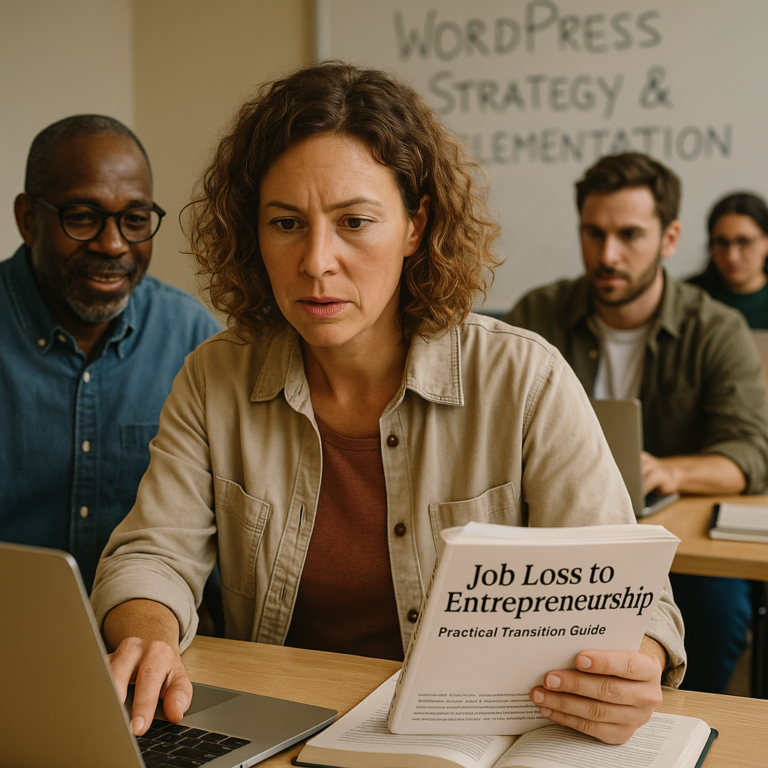 Photorealistic featured image for Job Loss to Entrepreneurship: Practical Transition Guide (blog article)
