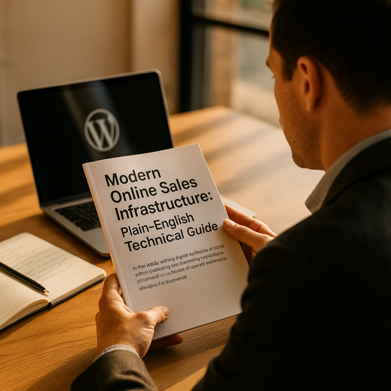 Photorealistic featured image for Modern Online Sales Infrastructure: Plain-English Technical Guide (blog article)