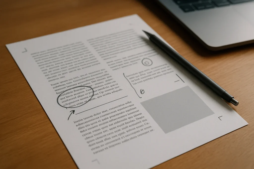 Printed page-layout proof sheet with pencil editorial annotations on a maple desk, laptop soft in background, directional daylight from upper left