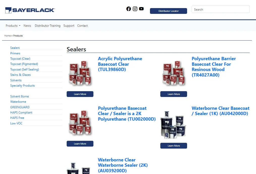 Sayerlack Sealers category page showing the finish-system sidebar and product card grid