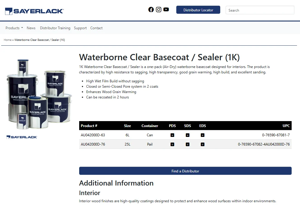 Sayerlack Waterborne Clear Basecoat product detail page with performance bullets and download matrix