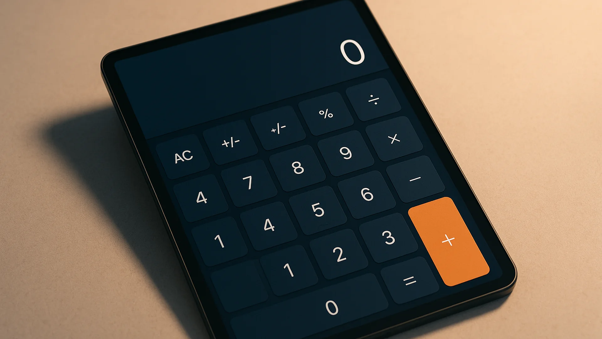 A dark calculator app on a tablet shows zero on its display, with an orange plus key, resting on a tan surface.