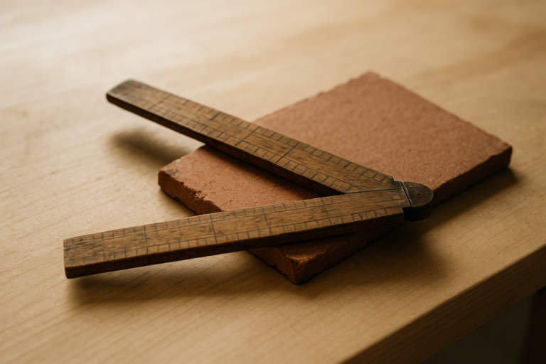A wooden folding rule resting on a fragment of unglazed terracotta tile on a pale maple workbench — measuring for tile-quantity calculation