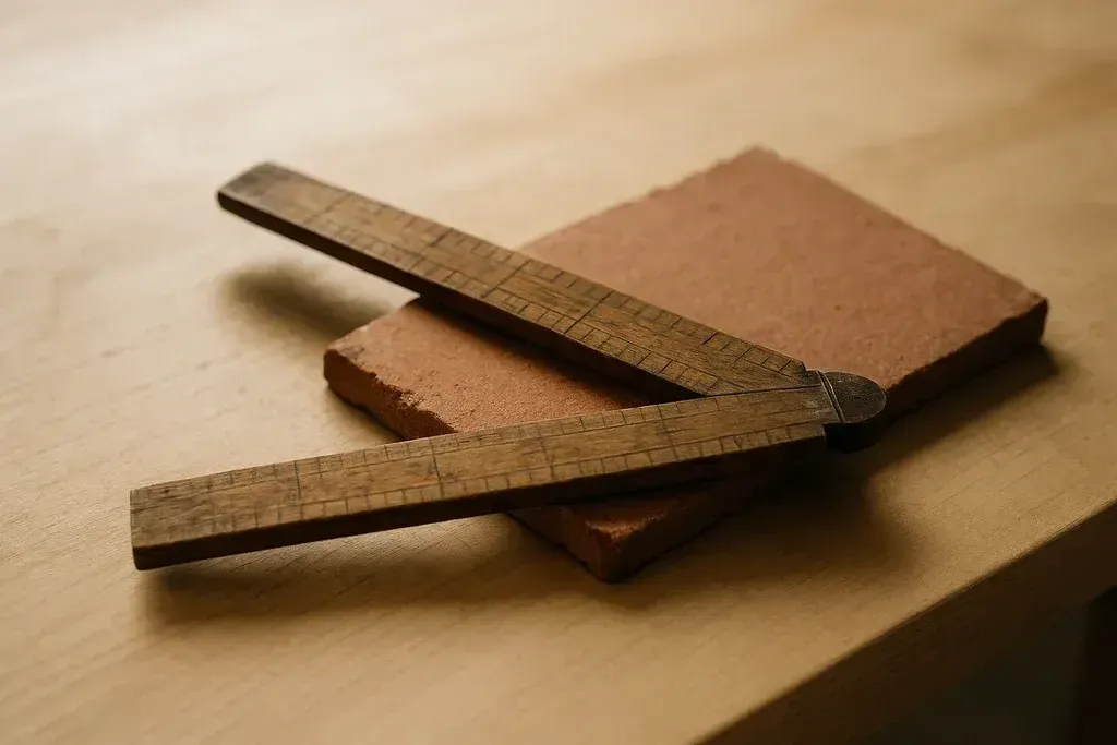 A wooden folding rule resting on a fragment of unglazed terracotta tile on a pale maple workbench — measuring for tile-quantity calculation