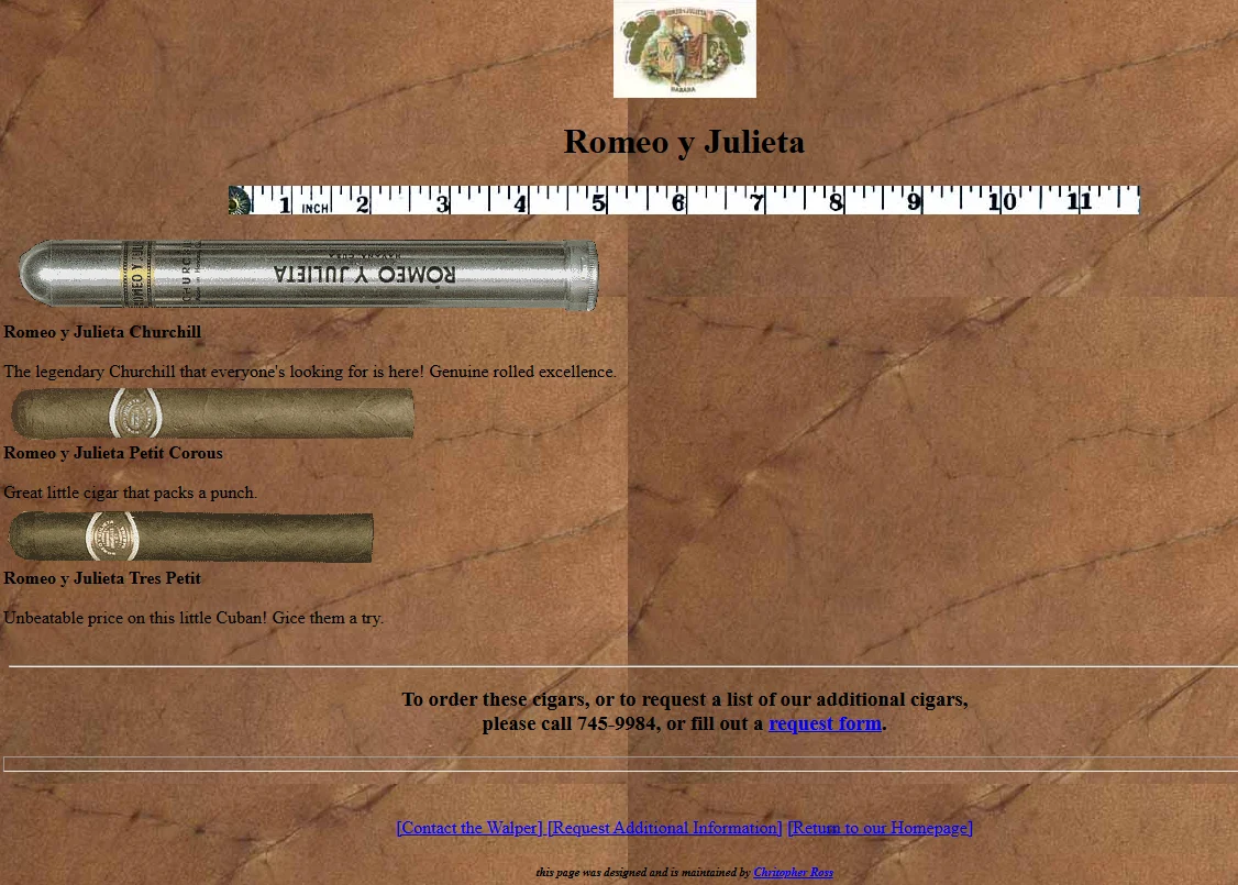 The contact and information request form from the 1996 Walper Tobacco Shop website, with fields for name, address, phone, email, and fax number.