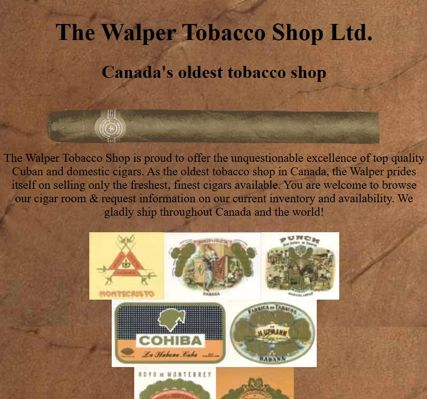 The Romeo y Julieta brand page from the 1996 Walper Tobacco Shop website, with a scanned ruler graphic showing physical sizes of three cigars.
