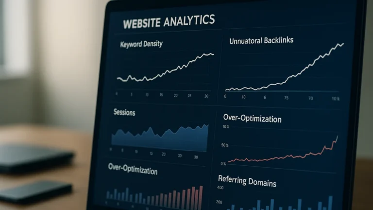 A web page with repeated exact-match keyword patterns in every heading and link anchor — the templated over-optimisation signature that Google's quality systems flag as authored-for-search rather than authored-for-readers
