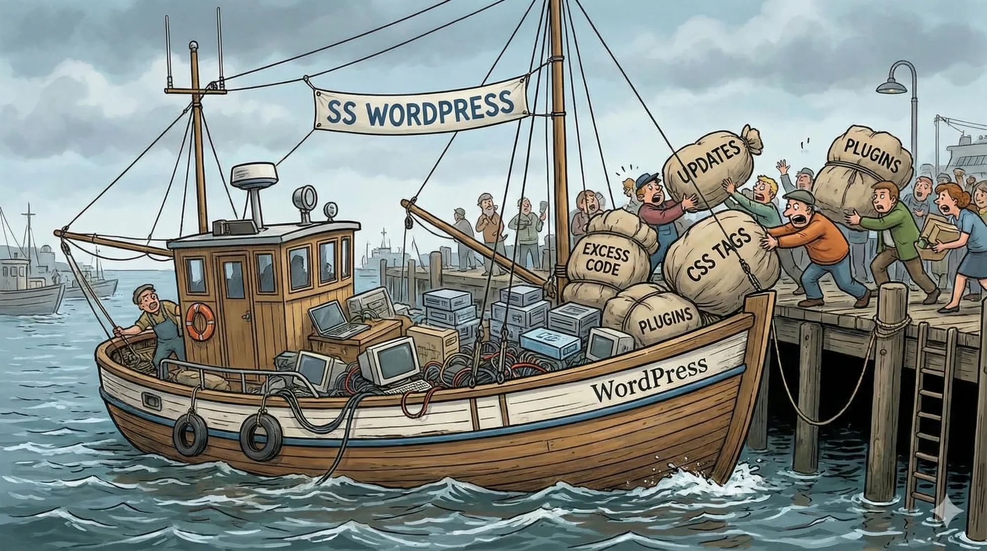 WordPress depicted as a boat getting overloaded, leading to critical rendering performance issues.