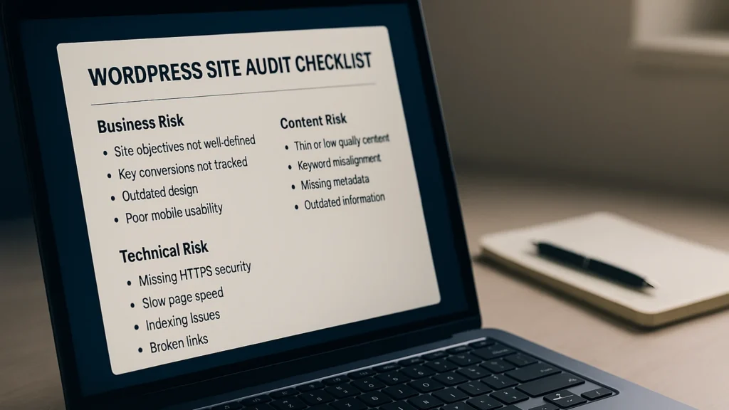 Open laptop screen displaying a WordPress site audit checklist with sections for business risk, technical risk, and content risk (hero variant)