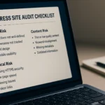 Open laptop screen displaying a WordPress site audit checklist with sections for business risk, technical risk, and content risk (hero variant)