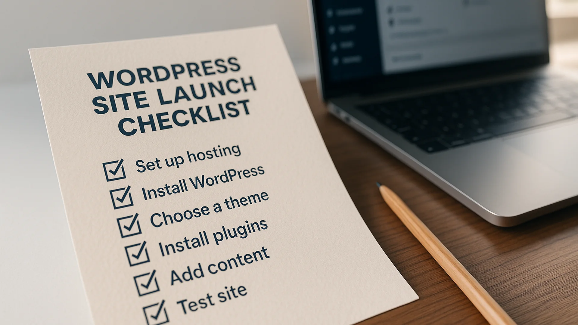 WordPress site launch checklist — printed review document with pen, pre-publish audit tasks