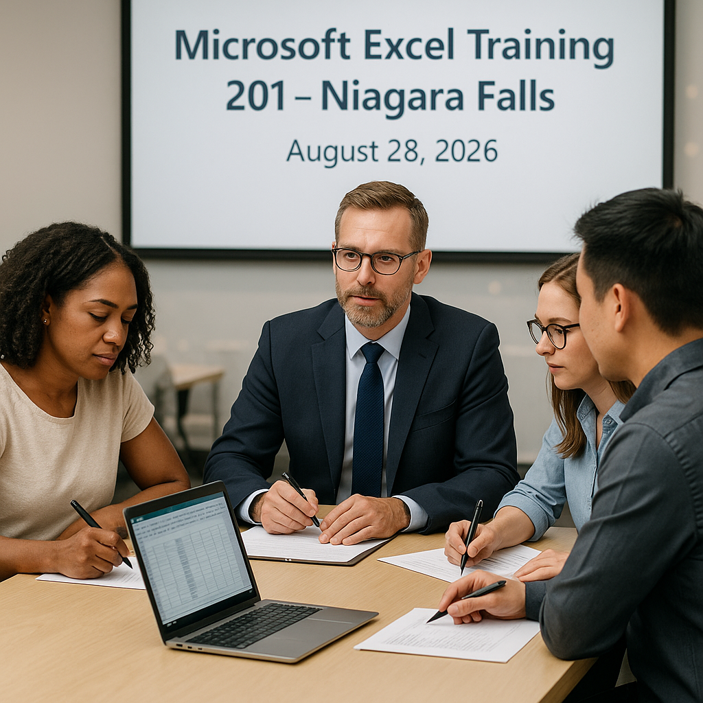 Photorealistic featured image for Microsoft Excel Training 201 – Niagara Falls (August 28, 2026) (event listing)