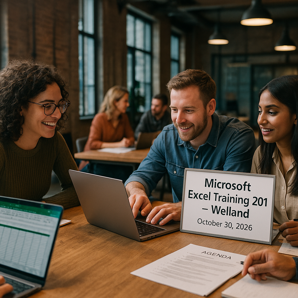 Photorealistic featured image for Microsoft Excel Training 201 – Welland (October 30, 2026) (event listing)