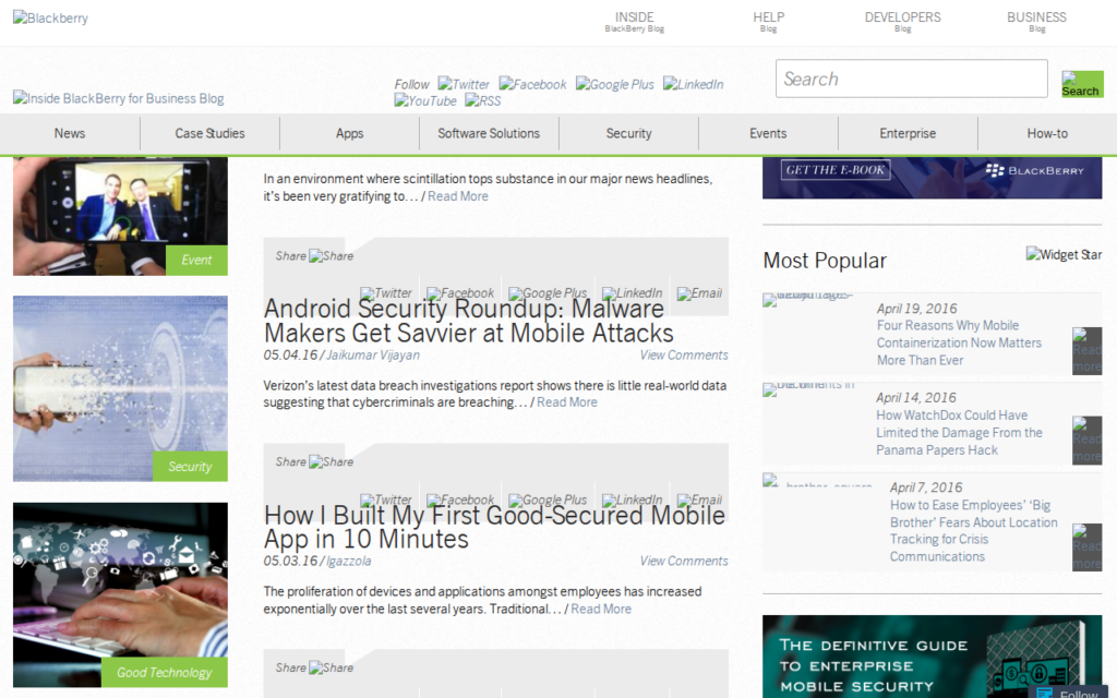 The BlackBerry Business Blog homepage as it appeared May 2016, showing the teal brand header and B2B editorial layout.