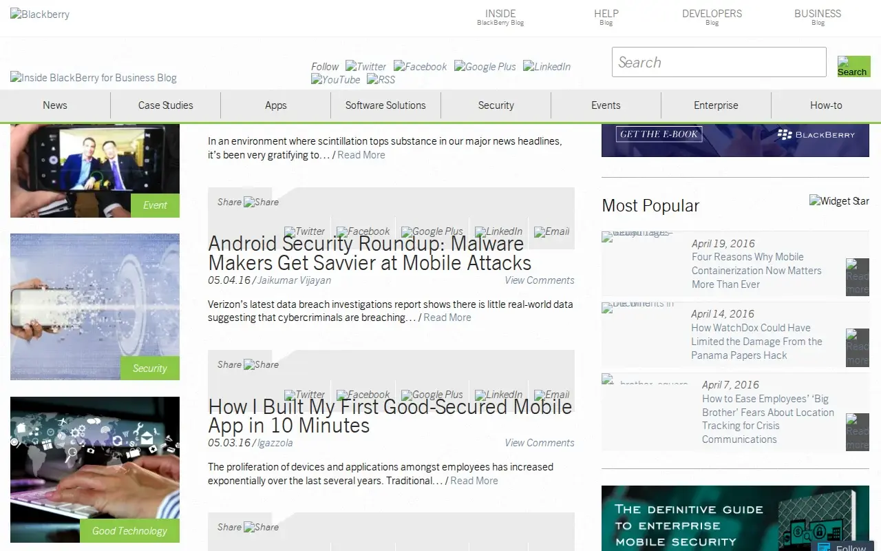 The BlackBerry Business Blog homepage as it appeared May 2016, showing the teal brand header and B2B editorial layout.