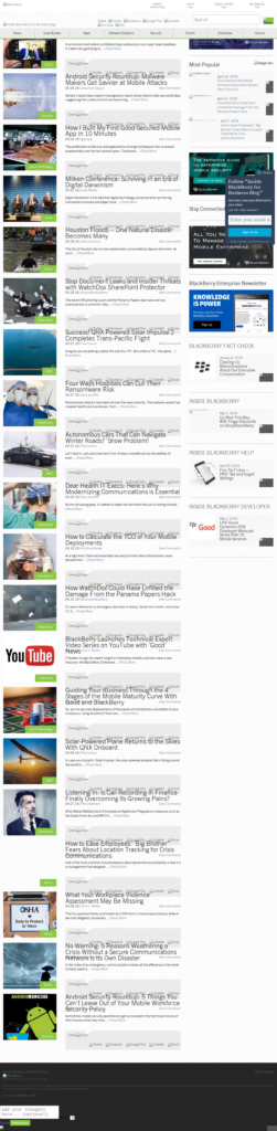 Full-page scroll of the BlackBerry Business Blog homepage from May 2016 — enterprise mobility content and cross-blog navigation visible.
