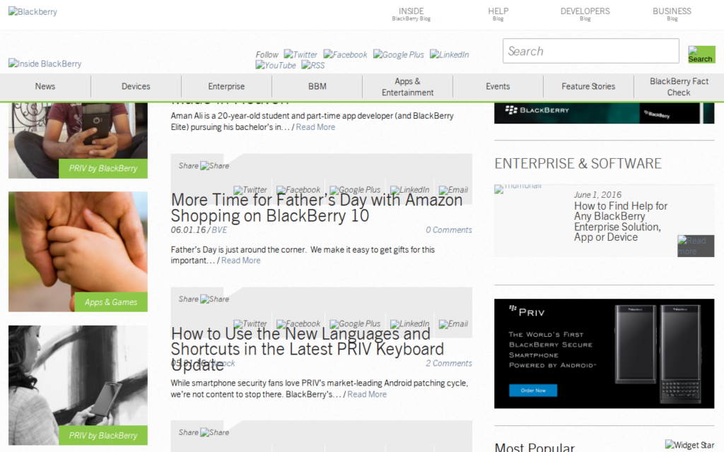 The Inside BlackBerry umbrella blog homepage as it appeared June 2016, showing the four-blog navigation strip and hero fader against a black background.