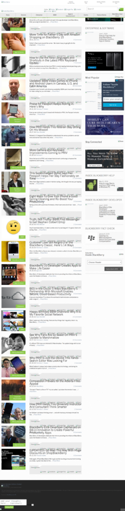 Full-page scroll of the Inside BlackBerry blog homepage from June 2016 — cross-blog navigation, post grid, and sidebar visible.