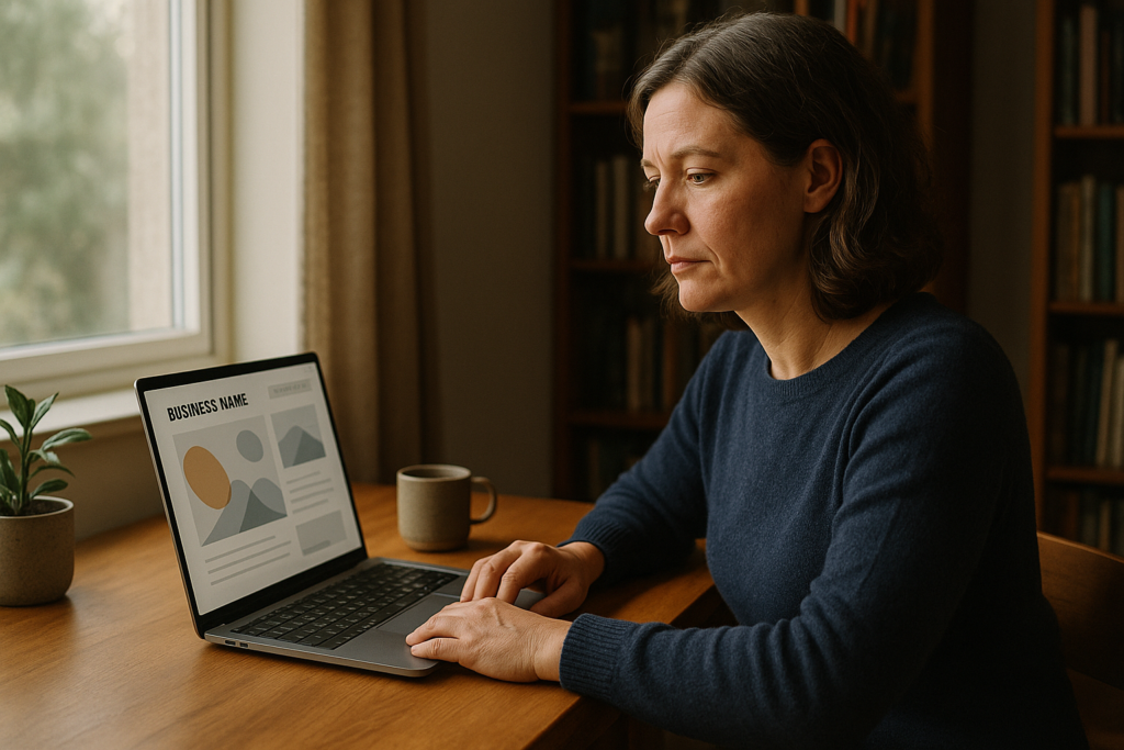 A small business owner in a navy sweater sits at a wooden desk in a softly-lit home office, reviewing her business website on a silver laptop.