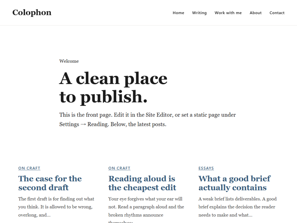 The Colophon WordPress theme homepage: a plain serif headline reading A clean place to publish, above a three-column grid of latest posts