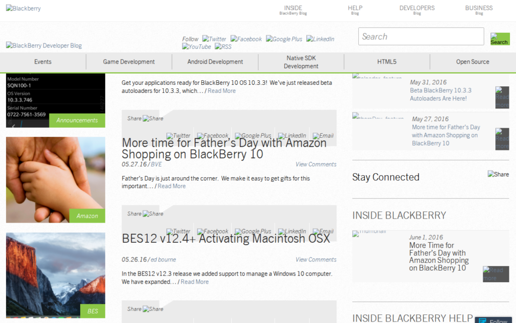The BlackBerry Developer Blog homepage as it appeared June 2016, showing the green developer colour treatment and post grid with technical headlines.