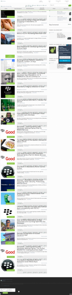 Full-page scroll of the BlackBerry Developer Blog homepage from June 2016 — dev-rel category navigation and SDK release content visible.