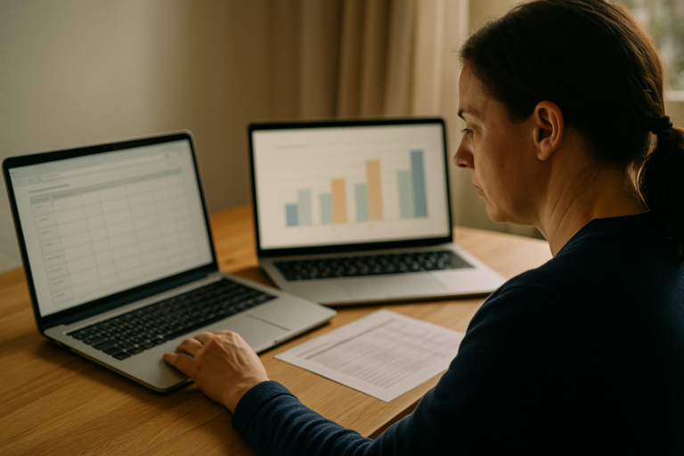 Over-the-shoulder view of an adult learner at a wooden desk with two laptop screens — one showing an abstract bar chart and the other a worksheet grid — during an Excel 201 training session.