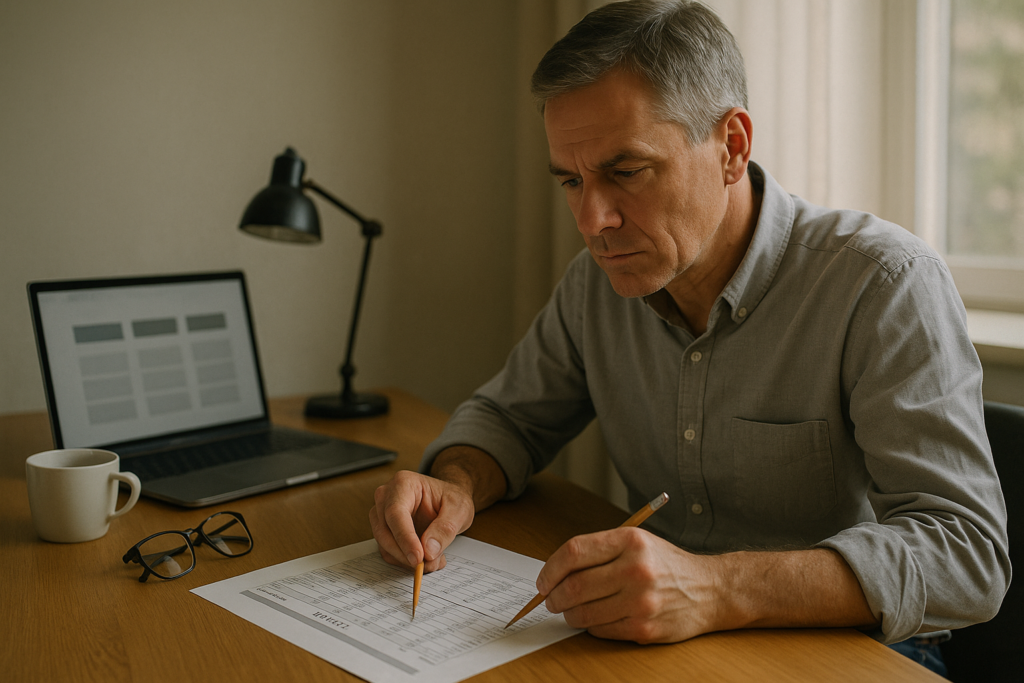 A finance professional in a light grey shirt reviews a printed budget spreadsheet with pencil annotations beside a laptop displaying an abstract scenario-comparison table on a clean wooden desk.