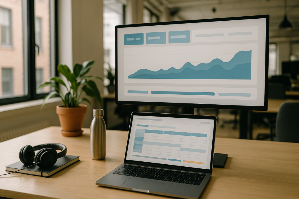 A modern analyst workspace in soft daylight: an external monitor on a stand displays an abstract dashboard with KPI tiles and a trend chart above a laptop showing a data grid.