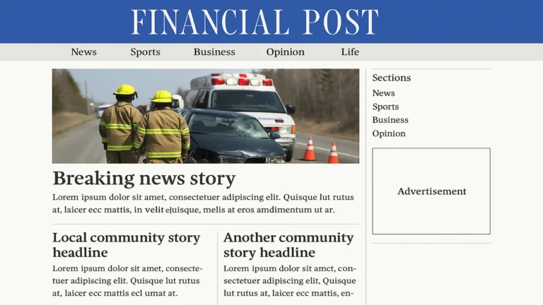 Era-accurate reconstruction of the Financial Post homepage style, circa 2014 — Postmedia network template I worked on during the WordPress migration.