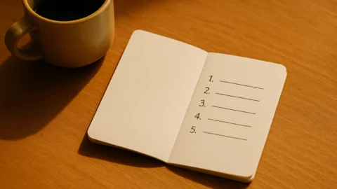 Flat-lay of pocket notebook open to five numbered lines on warm wooden desk, ceramic coffee cup partially in frame, warm afternoon light gold-accent quality