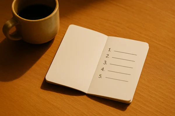 Flat-lay of pocket notebook open to five numbered lines on warm wooden desk, ceramic coffee cup partially in frame, warm afternoon light gold-accent quality
