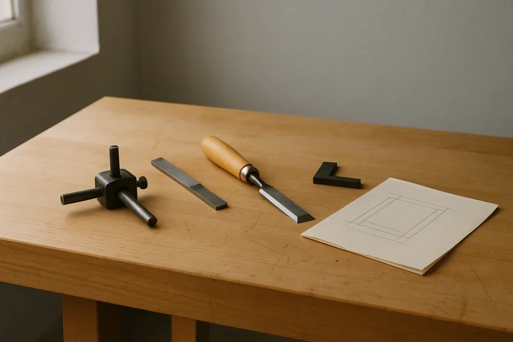 Craftsman woodworking bench with marking gauge, chisel, engineer's square, and a folded layout sketch in soft morning window light