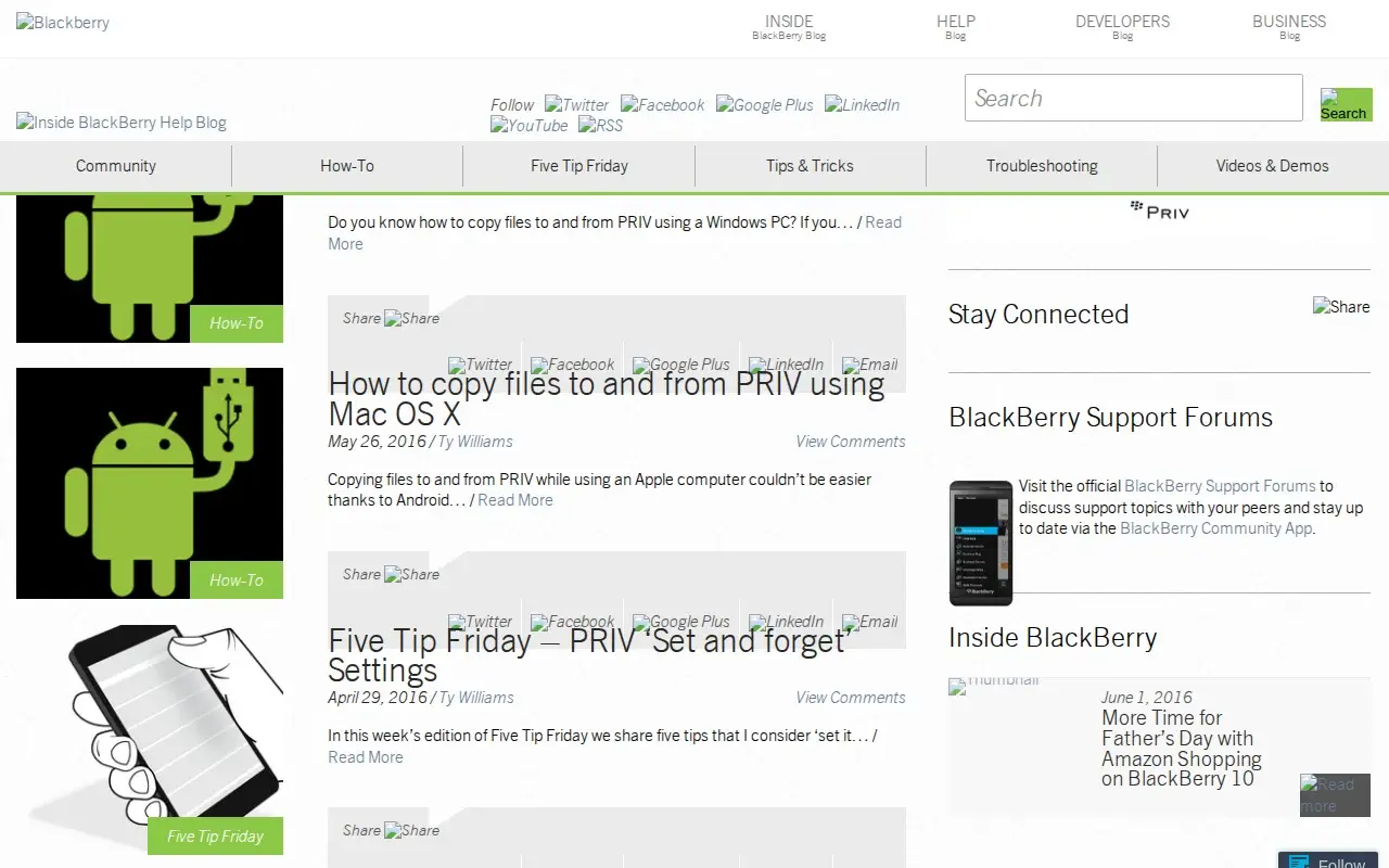 The BlackBerry Help Blog homepage as it appeared June 2016, showing the support-audience styling and article index.