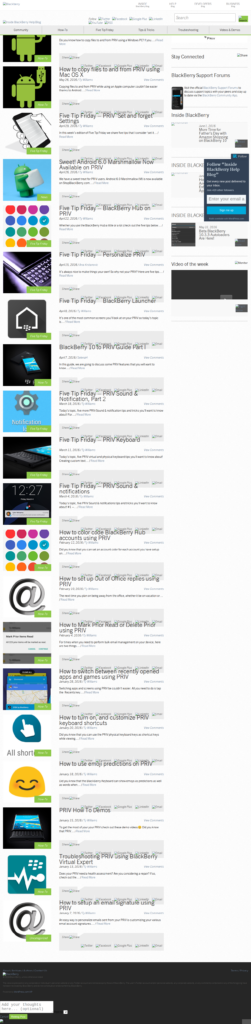 Full-page scroll of the BlackBerry Help Blog homepage from June 2016 — troubleshooting article index and support-audience navigation visible.